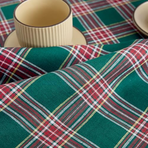 Solino Home 100% Pure Linen Dining Table Runner Green Plaid, 14 x 48 in