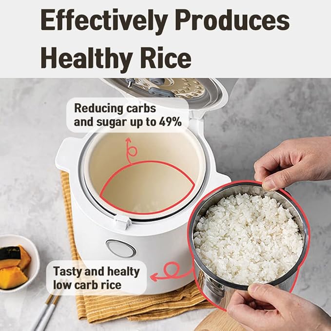 Banu Mini Low Carb Rice Cooker Japanese Low Carb Rice Cooker 3 Cups (white rice), 1 Cup (Low carb rice) Uncooked with Stainless Steel Steamer, Rice Maker Low Sugar Rice Function, 24H Delay Timer & Auto Keep Reduce One-Touch Cooking - Black