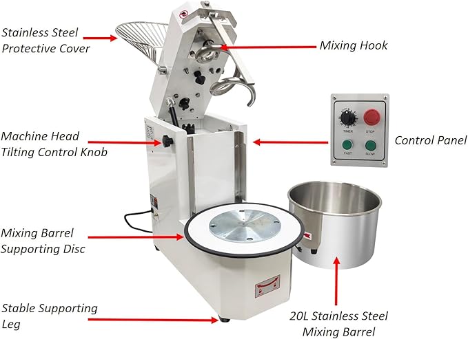 20L Commercial Dough Mixer with Dual-Speed Double-Action, 1.1KW Dough Kneading Machine, Stainless Steel Detachable Bowl, for Bakery Pizzeria Restaurant – 17.6 lbs Capacity