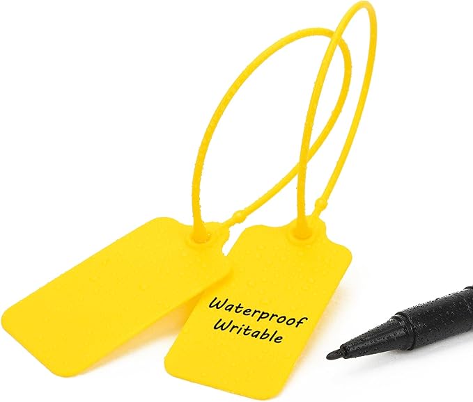 100pcs Luggage Tags Plastic Seals Shipping Label Logistics Sign Tie Bag Tag, Sealing Storage Multi Purpose Name ID Tag with Marker for Suitcases, Backpack, Schoolbag, Car Key (Yellow)