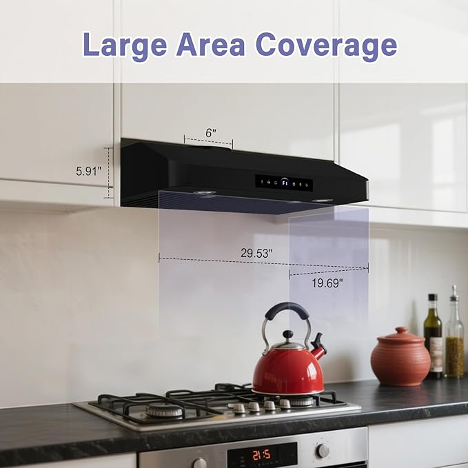 30 Inch Under Cabinet Range Hood,1200CFM Vent Hood with Powerful Suction,4-Speed Exhaust Fan,Stainless Steel Ducted Kitchen Hood Extractor with Led Lights,Smart Touch Panel,Black,15S-E30BK