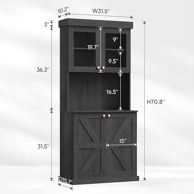 71" Tall Farmhouse Kitchen Pantry, Set of 2, Large Storage Cabinet with Glass Doors, Freestanding Coffee Bar Hutch with Microwave Stand, Adjustable Shelves for Kitchen, Living Room, Black