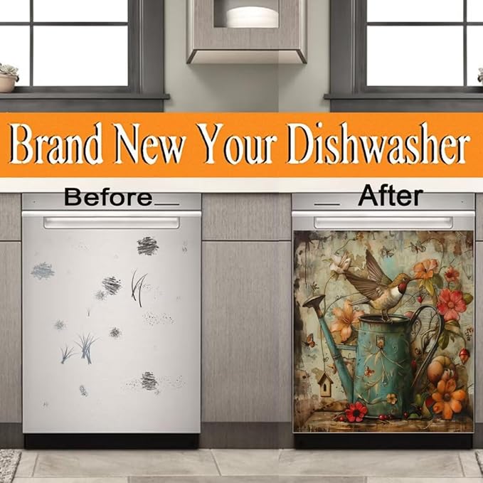 Floral Watering Can Birds Spring Dishwasher Magnet Cover,23" x 17" Dishwasher Cover,Retro Country Butterfly Magnetic Decal Vinyl Sticker Kitchen Decor Refrigerator Magnets Self Adhesive Wrap