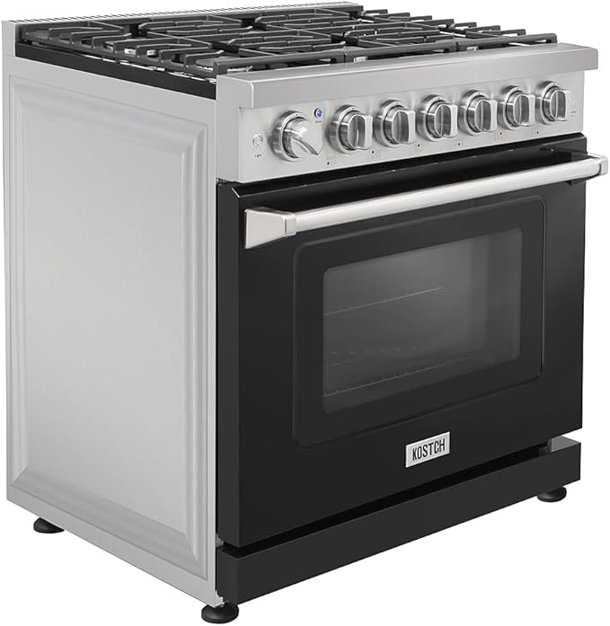 KOSTCH 36 inch Professional Freestanding Pro-Style Natural Gas Range or Liquid Propane Gas Range with 6 Burners, 6.0 cu.ft. Oven Capacity, in Stainless Steel - KOS-36RG03M (Black)