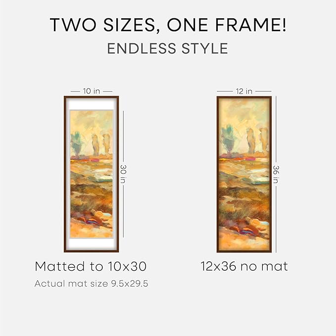 Homeforia 12x36 Picture Frame Brown, High End Dark Oak 12x36 Walnut Wood Poster Frame with Mat 10x30 Art, 12 x 36 Wooden Frame Matted to 10 x 30 Photo, 36x12 Frames, Tempered Glass, Wall Kit, Set of 3