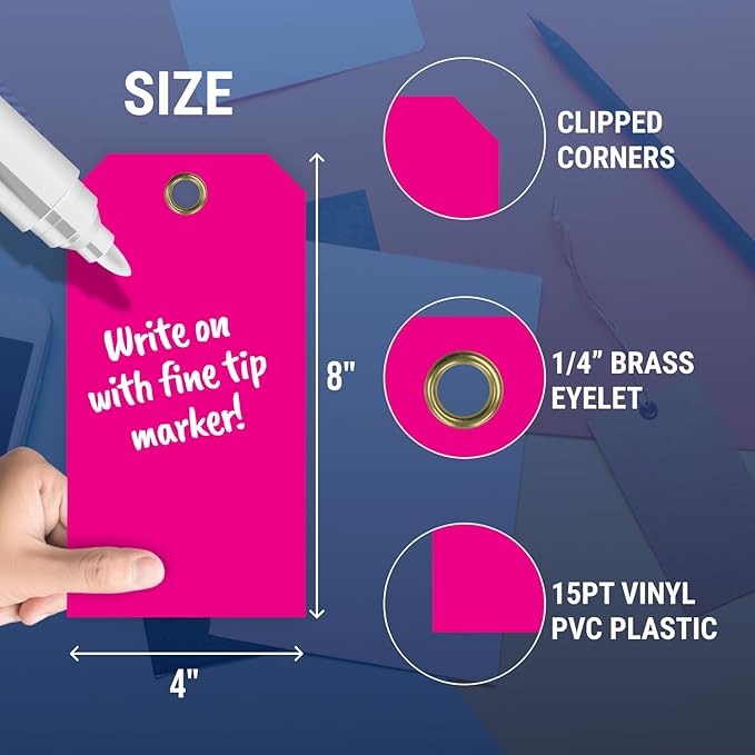 Tags 4 Less 15 Mil Waterproof Plastic Tags, Pack of 100 – 4” x 8” Heavy Duty Plastic Tags for Labeling, Outdoor Tagging, Equipment Labeling, Luggage, Valves & More (Fluorescent Pink)