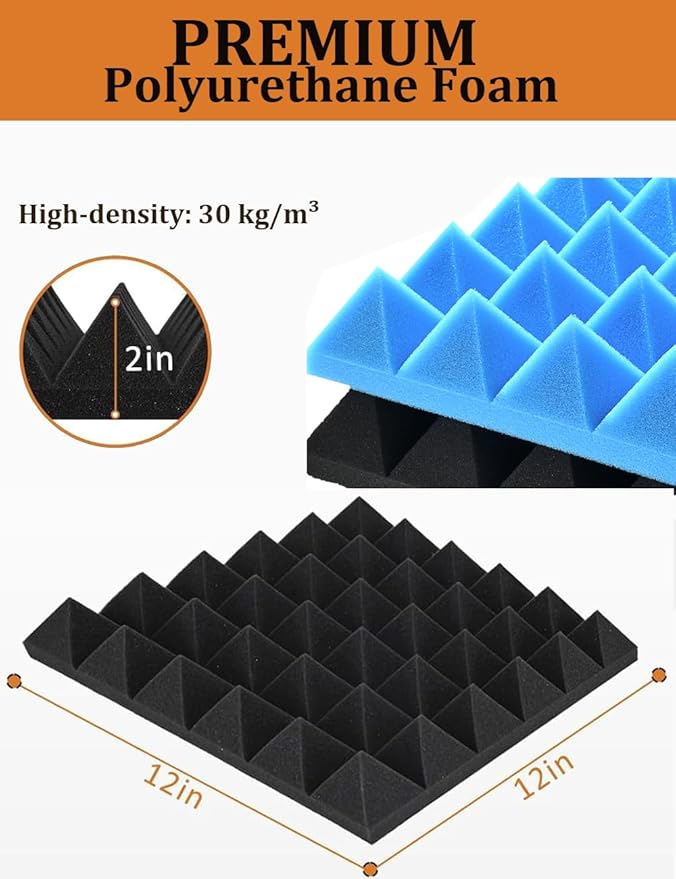 Sound Proof Foam Panels for Wall 24 Pack Acoustic Panels Sound Absorbing 2" X 12" X 12" Fire-Proofed Soundproofing Foam High Density Sound Dampening Panels for Room Studio Pyramid Blue Black