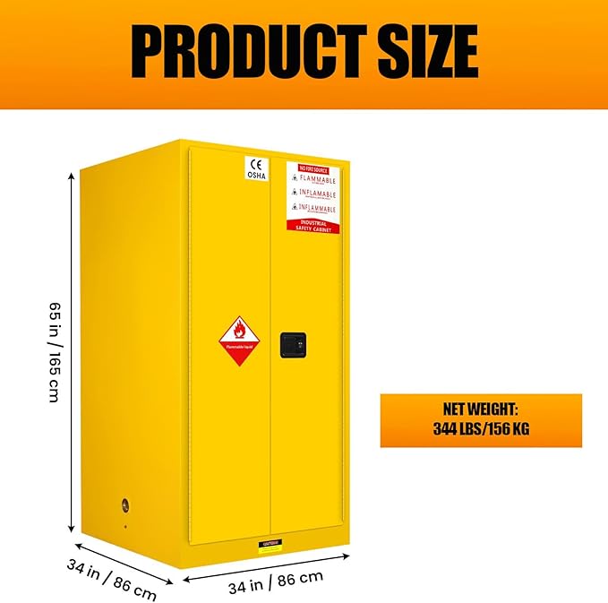 Flammable Safety Cabinet 34" x 34" x 65" Yellow, Cold-Rolled Steel OSHA Compliant Explosion Proof Cabinet, 2 Adjustable Shelves & Vent Design for Commercial Warehouses, Lab & Industrial Facilities