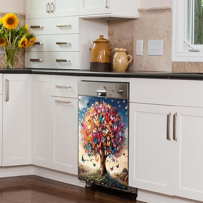 Spring Butterfly Tree Dishwasher Magnet Cover Animal Tree Butterfly Dishwasher Decorative Cover Front Dishwasher Door Cover Reuseable Dishwasher Cover for Kitchen Home Appliances 23" X 26"