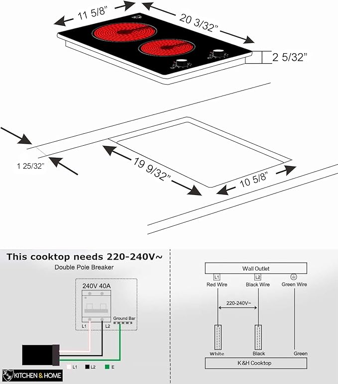 K&H 2 Burner Dual 12 Inch Built-in Electric Stove Top Radiant Ceramic Cooktop Knob Control 240V 3000W KCN-3002K