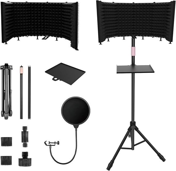 Microphone Isolation Shield – Foldable & Adjustable Soundproof Panel for Recording, Podcasting, Vocal Booth, Studio & Home Use (Six-sided high stand)