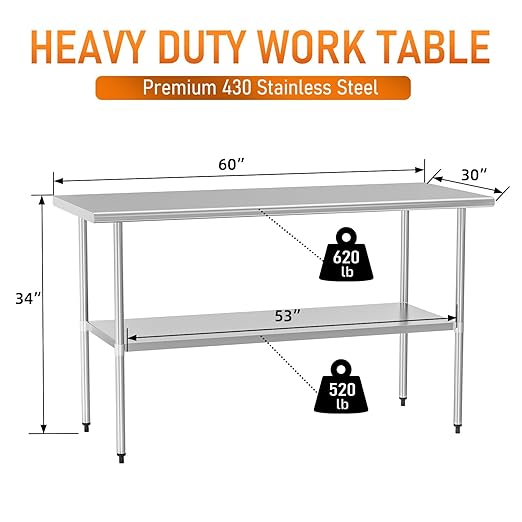 Stainless Steel Table for Food Prep & Work 30 x 60 inches Utility Table with Adjustable Undershelf, Commercial Workstation in Kitchen, Garage, Outdoor BBQ