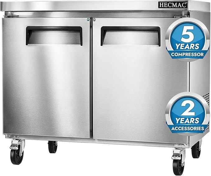 HECMAC 36" Commercial Freezer, 9.68 Cu.ft Worktop Undercounter Fridge with 2 Solid Door, -8~0℉, 18-8 Stainless Steel Interior, ETL&NSF/ANSI 7 for Restaurant, Bar, Shop, Kitchen Use