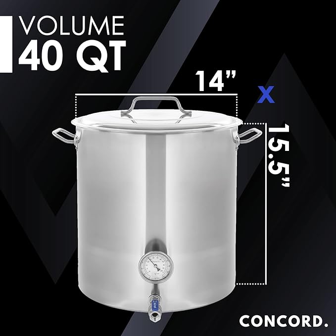 CONCORD Stainless Steel Home Brew Kettle Stock Pot (Weldless Fittings) (40 QT/ 10 Gal)