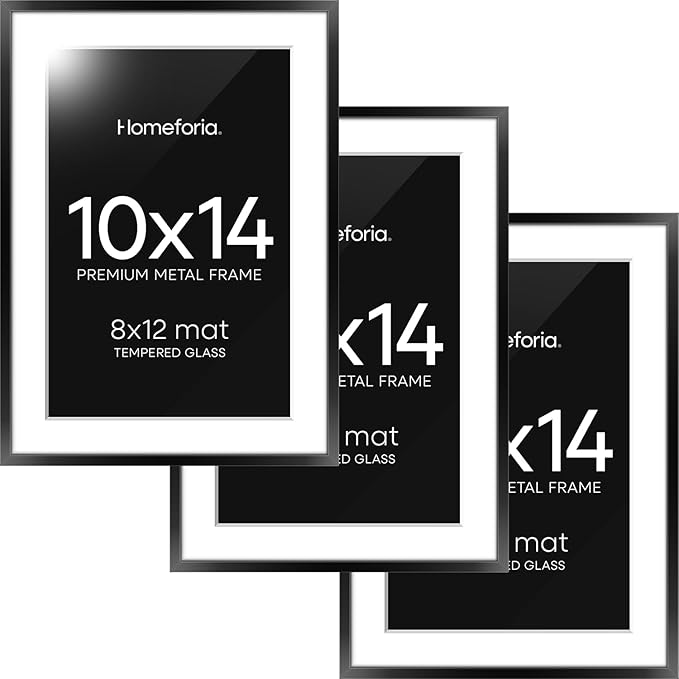 Homeforia Black 10x14 Picture Frame, High End Metal 10x14 Poster Frames with Mat 8x12, 10 x 14 Black Frame Matted to 8 x 12 inch Photo, 10 by 14 Thin Hanging Frames, Tempered Glass, Wall Kit, Set of 3