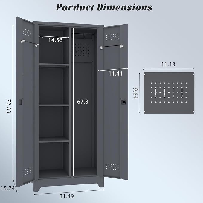 65" H Metal Storage Cabinet,Broom Closet Storage Cabinet with Adjustable Shelves,Locking Steel Cabinets with Pegboard and Hanging Rod,Utility Closet for Brooms and Mops,Grey