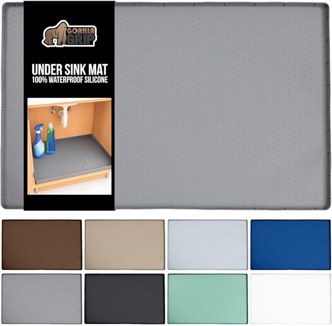 GORILLA GRIP Waterproof Silicone Under Sink Mat with Raised Lip for Kitchen and Bathroom, 34 x 22 in, Cabinet Shelf Liner Stay in Place Mats Dishwasher Safe Drawer Liner, Organizer Tray, Gray