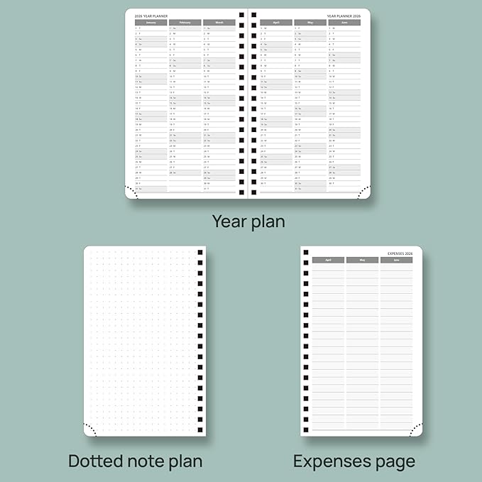 POPRUN Pocket Planner 2025-2026 (Purse Size 4'' x 6.25'') Academic Purse Calendar (July 2025 - June 2026) with Hourly Time Slots, 100GSM Thick Papers, Spiral Leather Cover - Blue Green