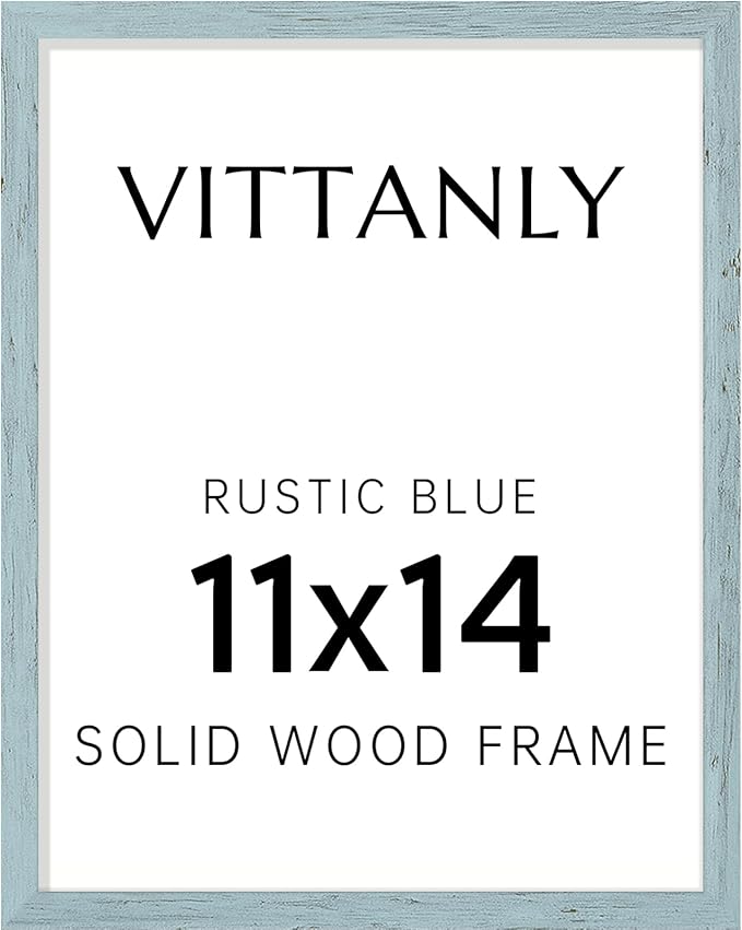 Vittanly 11x14 Picture Frame, Solid Wood Frame with Plexiglass, Includes 8x10 Mat, Wall Hanging for Photos, Home Decor, Rustic Blue, 1 Pack