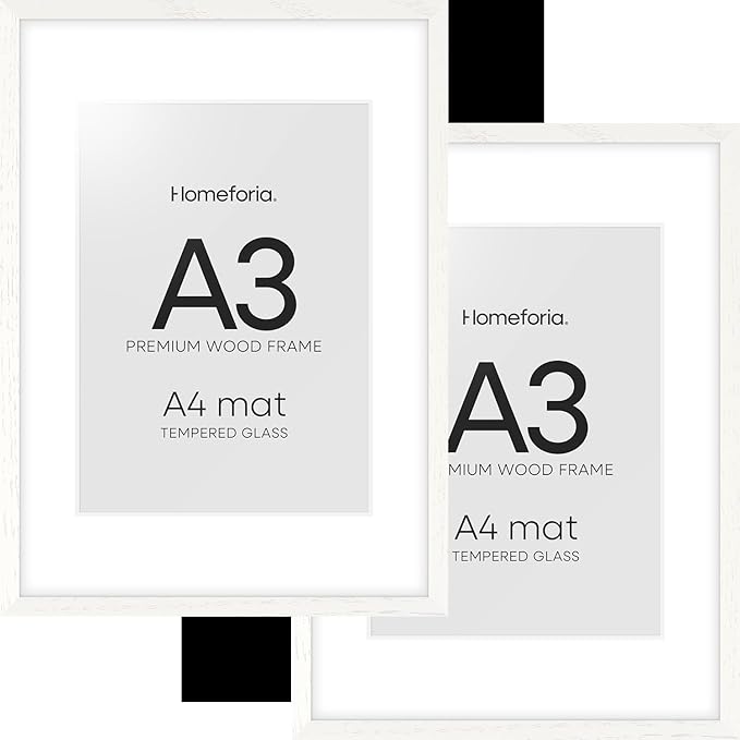 Homeforia A3 Picture Frame White Wood, High-End Oak 11.7 x 16.5 White Poster Frames Matted to 8.3 by 11.7 Photo, 11.7x16.5 Size Wooden Frame with Mat 8.3x11.7 Print, Tempered Glass, Wall Kit, Set of 2