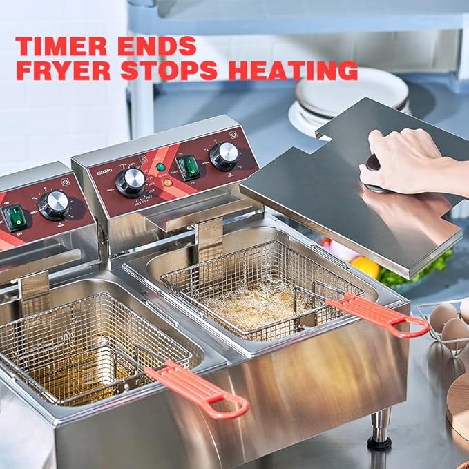 EGGKITPO Deep Fryers Stainless Steel Commercial Deep fryer with Timer Dual Tank Electric Deep Fryer with 2 Baskets Large Capacity 10L X 2 Electric Countertop Fryer for Restaurant and Home, 120V 3600W