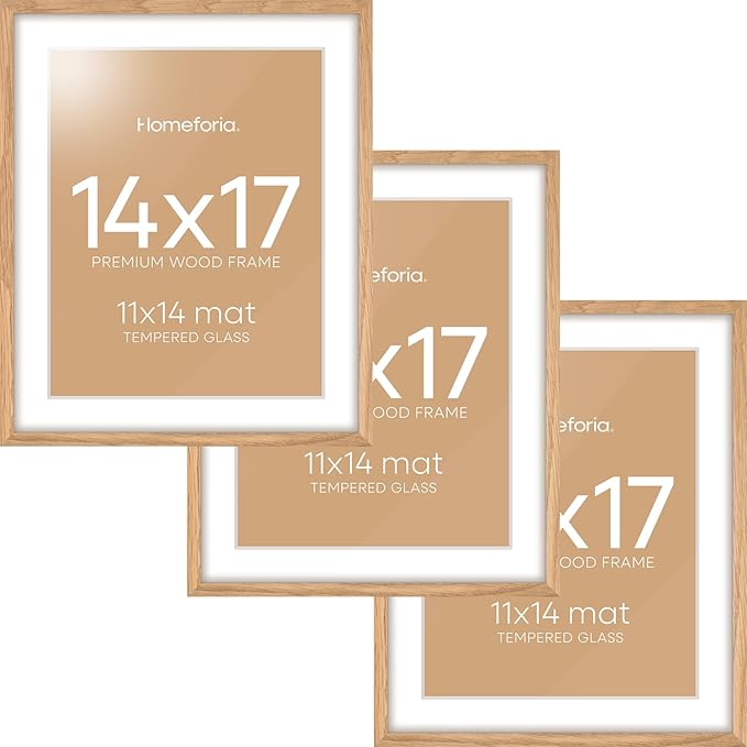 Homeforia 14x17 Picture Frame Wood, High End Natural Oak 14x17 Light Wooden Poster Frame with Mat 11x14, 14 x 17 Frames Matted to 11 x 14 Photo, 17x14 Hanging Frame, Tempered Glass, Wall Kit, Set of 3