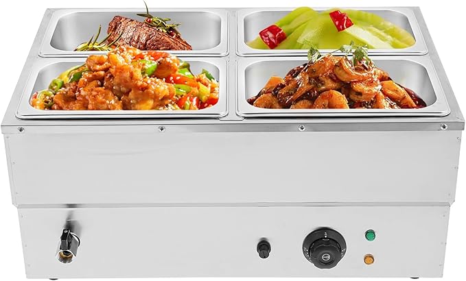 Commercial Food Warmer Stainless Steel Bain Marie Buffet Food Warmer Steam Table Electric Countertop Steam Table Container with 86-185°F Temp Control for Catering Restaurants (4-Pan)