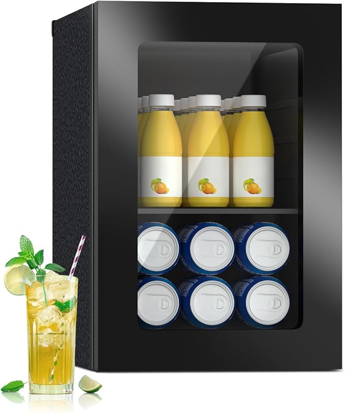 Beverage Refrigerator Cooler, 0.9 Cu/24 Can Drink Fridge with Adjustable Shelves & Clear Door for Soda Wine Beer, Countertop Mini Fridge, Compact Design for Home/Office/Bar (40-61 ℉) Black