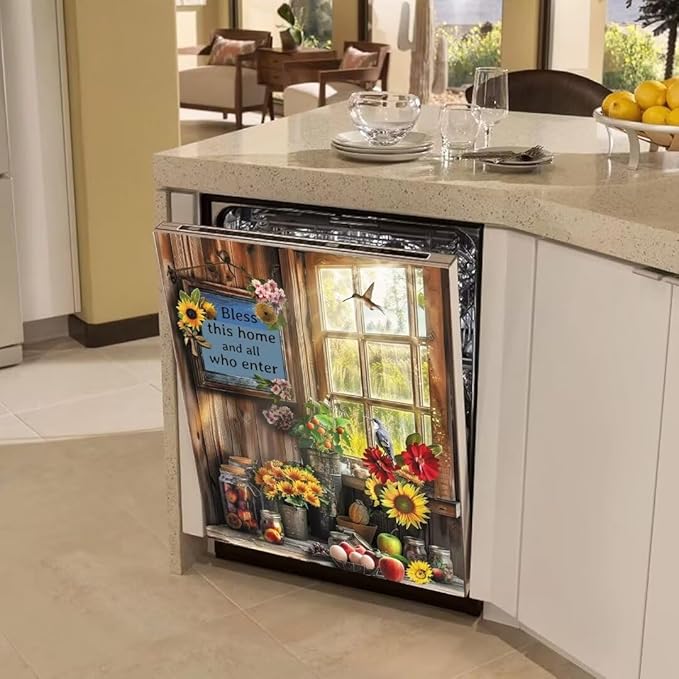 Pastoral Style Dishwasher Magnet Cover, Sunflower Birds Magnetic Dishwasher Door Decal Apples Floral Magnets Kitchen Decorative Sticker Refrigerator Magnets Decor Appliance Panel, 23x26 in