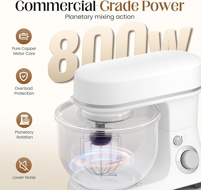 800W Stand Mixer with 5.3QT Stainless Steel Bowl - 6+P Adjustable Speed Electric Kitchen Mixer with Dough Hook, Whisk & Beater, Tilt-Head & Non-Slip Design- White (YD-385NS)