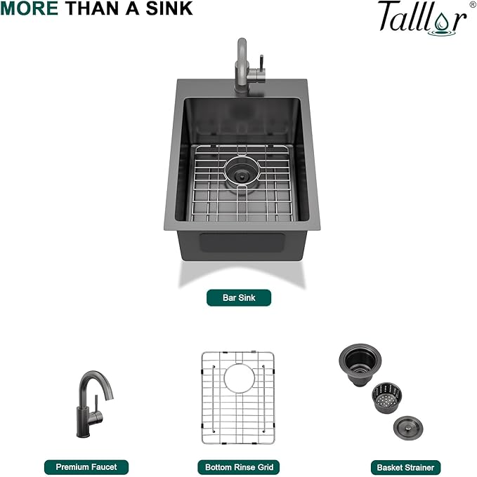 Black Bar Sink with Faucet - 15 Inch Drop In Bar Sink 16 Gauge Stainless Steel Topmount Gunmetal Black Single Bowl Small Prep Sinks with Accessories for Kitchen Bars, RV, Small Space #TLT-0032