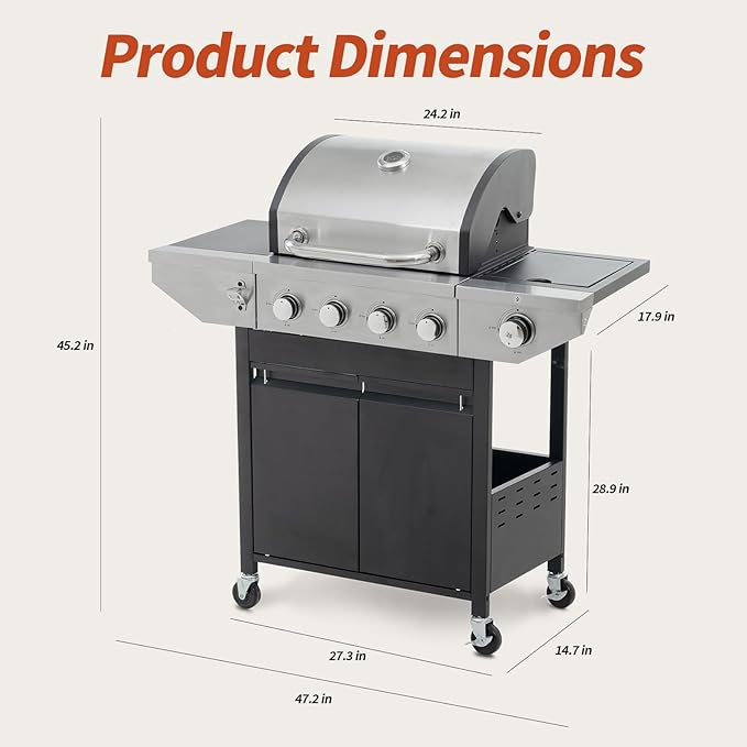 4-Burners Propane Gas Grill with Side Burner & Thermometer, Stainless Steel Propane Grill for Outdoor BBQ and Camping, Patio Backyard Barbecue, 42000 BTU Output