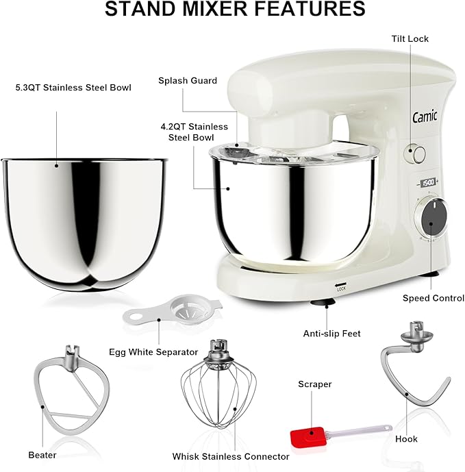 Camic Stand Mixer, 4.2QT+5.3QT Two bowls Electric Food Mixer, 10 Speeds with Digital setting 3-IN-1 Kitchen Mixer for Baking Cakes Cookie Bread Salad with Egg Whisk,Dough Hook,Flat Beater(White)