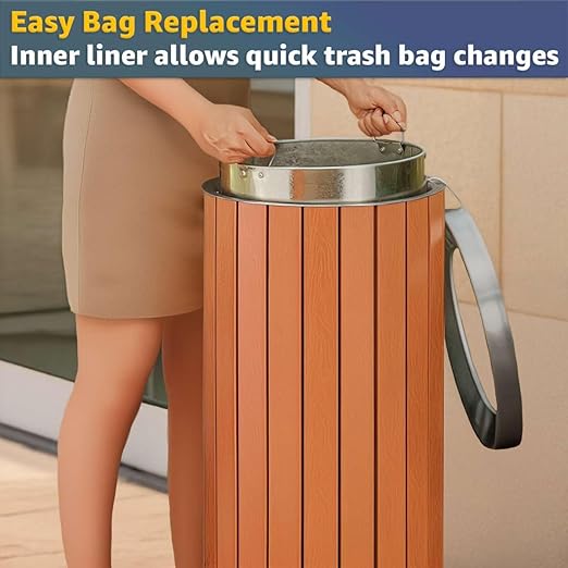 13.5 Gallon Round Outdoor Trash Can with Open Top - Commercial Steel and Wood Composite Decorative Waste Bin with Galvanized Liner - Garbage Container for Parks, Retail Stores, Public Transit Areas