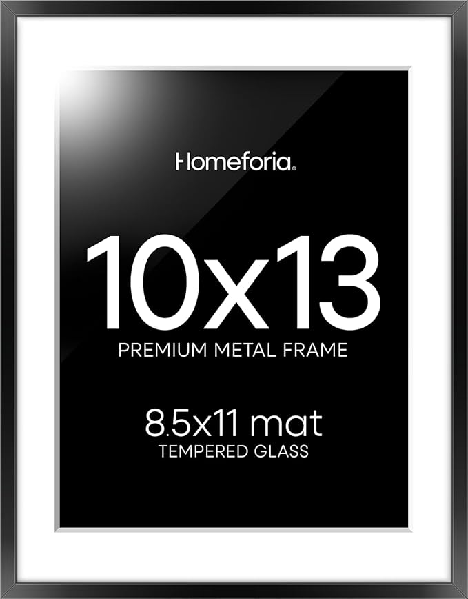 Homeforia Black 10x13 Picture Frame, High End Metal 10x13 Poster Frames with Mat 8.5x11, 10 x 13 Black Frames Matted to 8.5 x 11 inch Photo, 10 by 13 Hanging Frames, Tempered Glass, Wall Kit, Set of 1