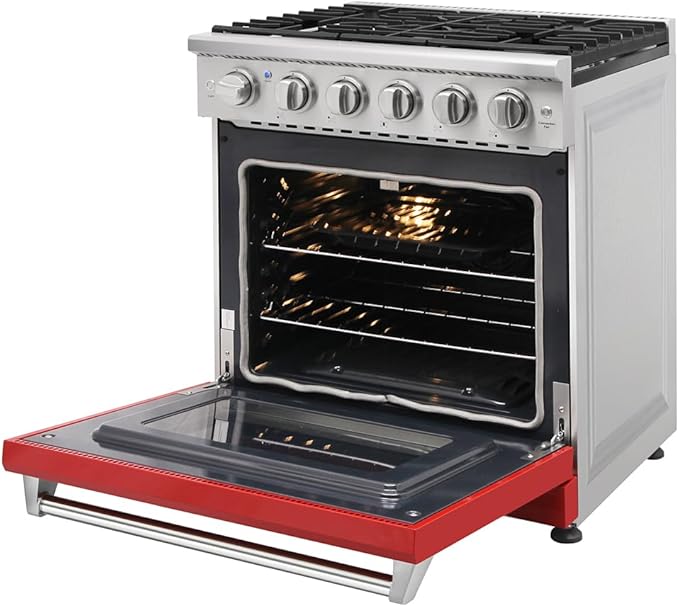KOSTCH 30 inch Professional Freestanding Pro-Style Natural Gas Range or Liquid Propane Gas Range with 5 Burners, 4.55 cu.ft. Oven Capacity, in Stainless Steel - KOS-30RG03M (Red)