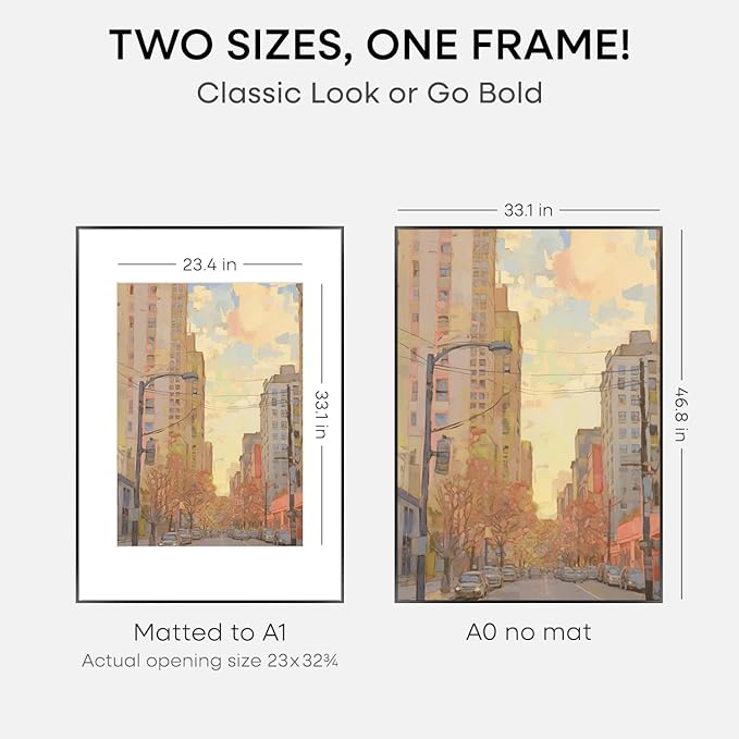 Homeforia A0 Poster Frame Black, High End Metal 33.1 x 46.8 inch Large Picture Frames with Mat 23.4 by 33.1 for Photo, A0 Size Frames Matted to A1 Print, 33.1x46.8 Thin Frame, Tempered Glass, Set of 1