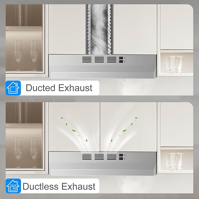 SNDOAS Under Cabinet Range Hood 24 inch,Ductless Range Hood Convertible Ducted, Kitchen Hood 24 inch,Stainless Range Hood with 2-speed Fan,Rocker Switch,Hard-wired Hood Vents for Kitchen