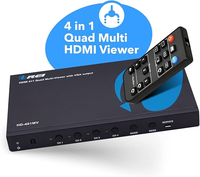 OREI HDMI Switcher 4 in 1 Out with Quad Screen Multiviewer - Supports 1080p, DTS/Dolby Audio, IR Remote Control, Seamless Switching, Compatible with HDMI Devices