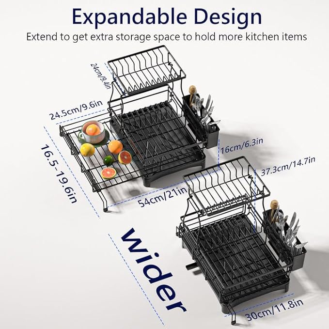 MIKEE 2-Tier Dish Drying Rack for Kitchen Counter, Expandable Rustproof Dish Drainer - Over The Sink Dish Drying Rack with 360° Rotating Drain, Kitchen Utensil Holder, Home and Kitchen Organization