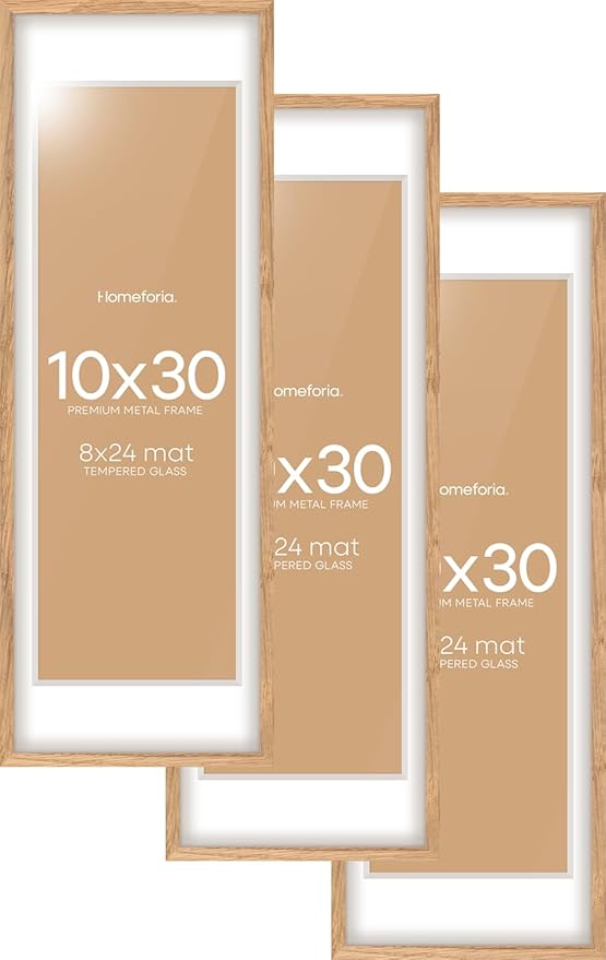 Homeforia 10x30 Wood Frame, High End Natural Oak 10x30 Light Wooden Picture Frame with Mat 8x24, 10 x 30 Poster Frames Matted to 8 by 24 Print, 30x10 Hanging Frames, Tempered Glass, Wall Kit, Set of 3