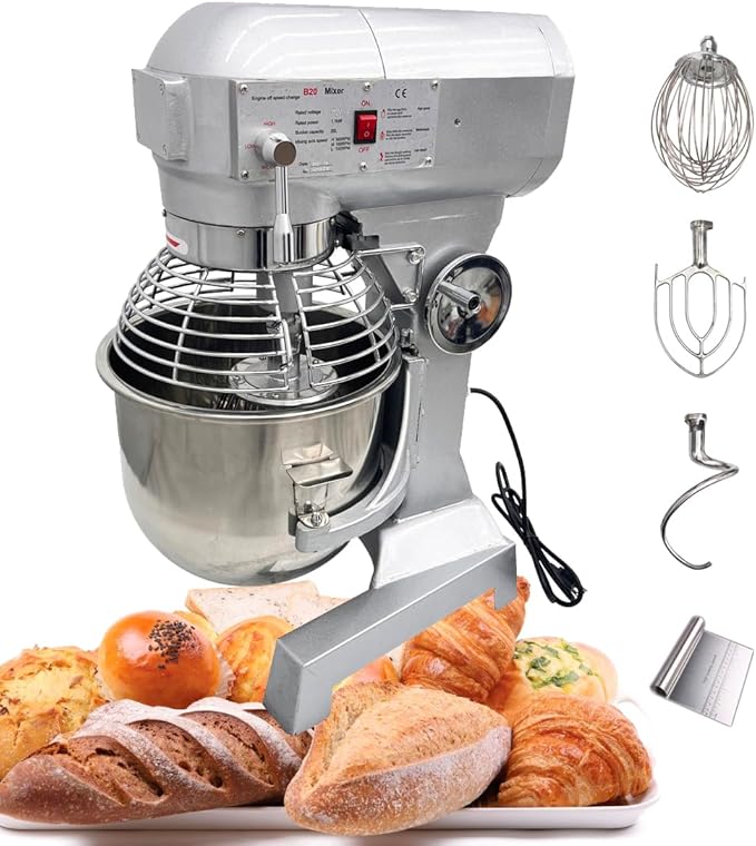 Commercial 3in1 Food Mixer 20L Dough Mixer 3 Speeds Adjustable, with SUS304 Bowl/Dough Hook/Whisk/Beater, Stand Electric Food Flour Mixing Kneading Machine