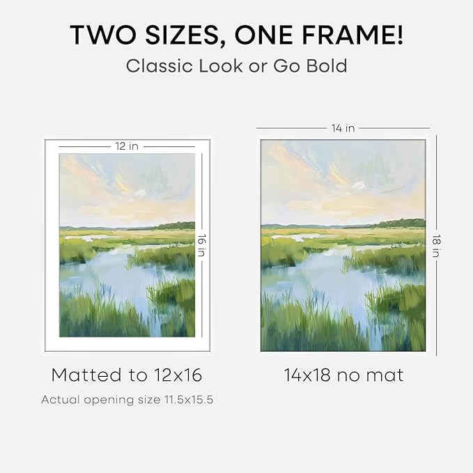 Homeforia 14x18 Picture Frame White, High End Metal 14x18 Poster Frames with Mat 12x16 Photo, 14 x 18 White Frame Matted to 12 by 16 Print, 18by14 Thin Hanging Frames, Tempered Glass, Wall Kit, Set of 1