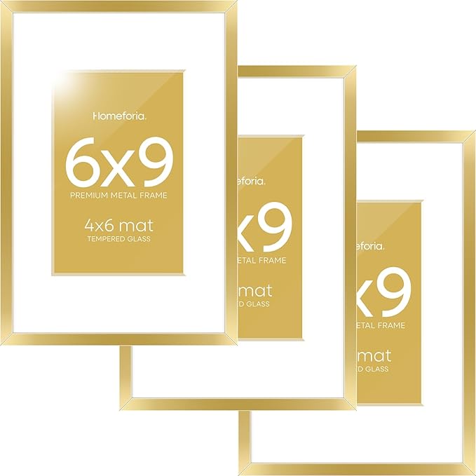 Homeforia 6x9 Picture Frame Gold, High End Metal 6 x 9 Frames with Mat 4 by 6 for Print, Photo Frame 6x9 Gold Matted to 4x6 inches Art, 6by9 Wall or Tabletop Frames, Tempered Glass, Wall Kit, Set of 3