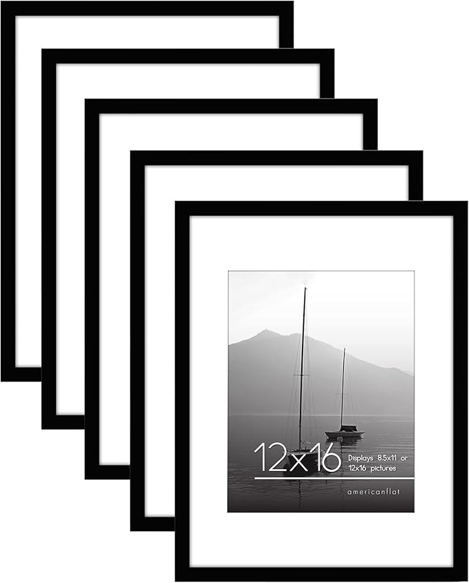 Americanflat 12x16 Picture Frame with Polished Plexiglass - Set of 5 - Use as 8.5x11 Frame with Mat or Display 12x16 Photo Without Mat - Galleria Collection - Picture Frames for Wall Display - Black