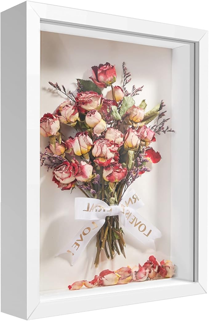 8x10 Shadow Box Frame Display Case, Wood with Plexiglass, Display Case Box for Memorabilia, Medal, Crafts,Tickets and Photos, Picture Frame for Wall and Tabletop (White, 8x10)