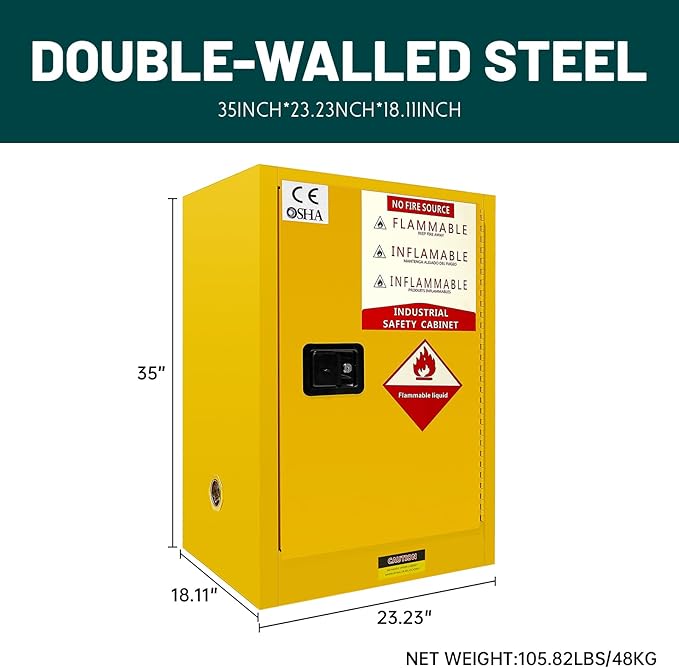 30 Gallon Flammable Storage Cabinet, 35×23.23×18in Galvanized Steel Safety Storage Cabinet, Adjustable Shelf Fireproof Cabinets, Flammable Liquid Storages Cabinets for Industrial and Home Use, Yellow