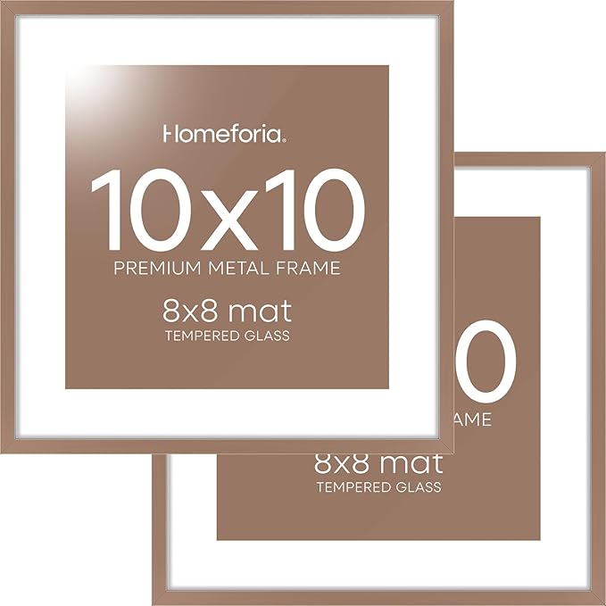 Homeforia 10x10 Mocha Picture Frame, High End Metal 10 by 10 Square Frames with Mat 8 x 8 Opening, 10by10 Poster Frames Matted to 8x8 Photo, Wall or Tabletop Frames, Tempered Glass, Wall Kit, Set of 2