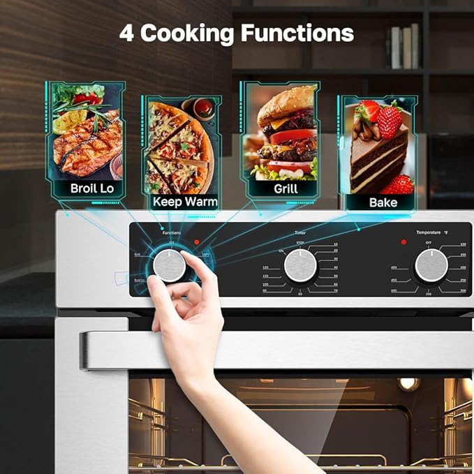 24" Electric Wall Oven, ETL Certified, ThermoMate 2.8 Cu.ft. Electric Wall Oven with 5 Cooking Functions, Built-in Ovens with Anti-Mistouch Knob, Stainless Steel