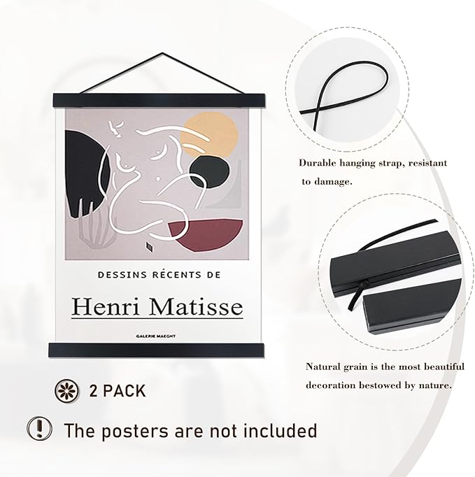 2 Pack Magnetic Poster Hanger Frame, 33x24 33x23 33x47 Light Wood Wooden Magnet Canvas Artwork Print Dowel Poster Hangers Frames Hanging Kit (Black, 33", 2 Packs)